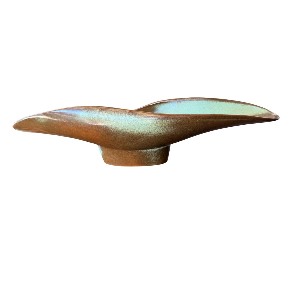 Frankoma T91 Canoe Bowl Green Brown MCM Art Pottery Prairie Green centerpieces